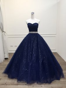 Dazzling Pleated Bodice Crystal Sash Adorned Sparkle Tulle Navy Blue Quinceanera Gown